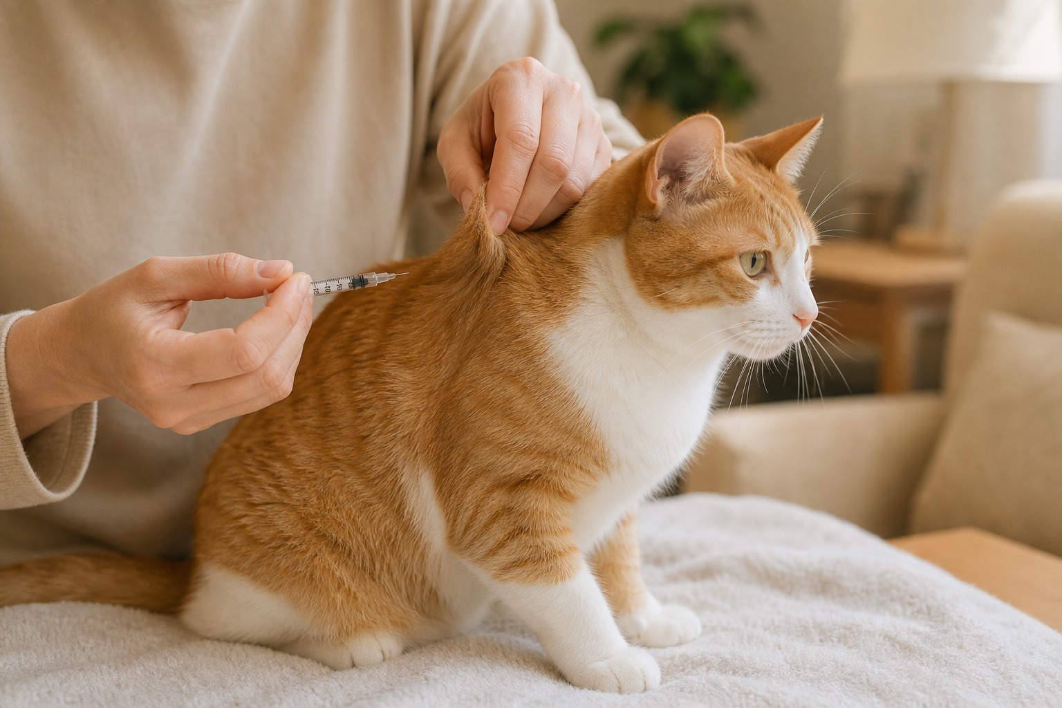 自宅で猫の首の後ろにインスリンを皮下注射する飼い主。細く短い針で多くの猫は嫌がらない