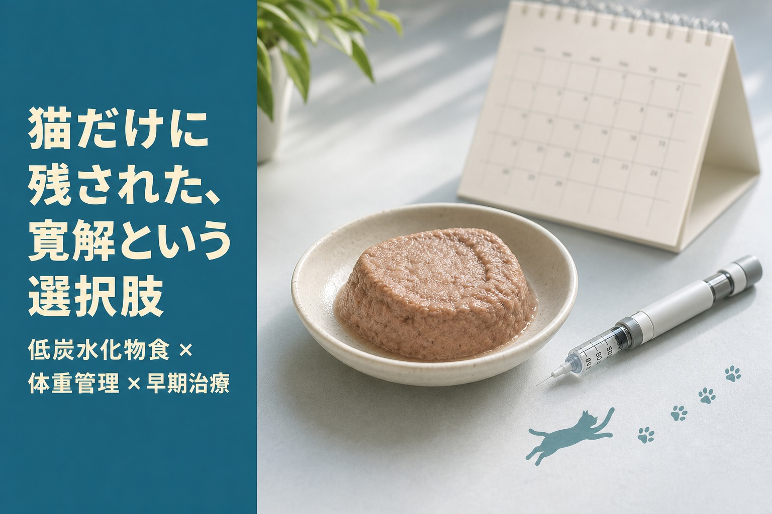 低炭水化物のウェット食とインスリン注射器。猫だけに残された寛解という選択肢、低炭水化物食×体重管理×早期治療