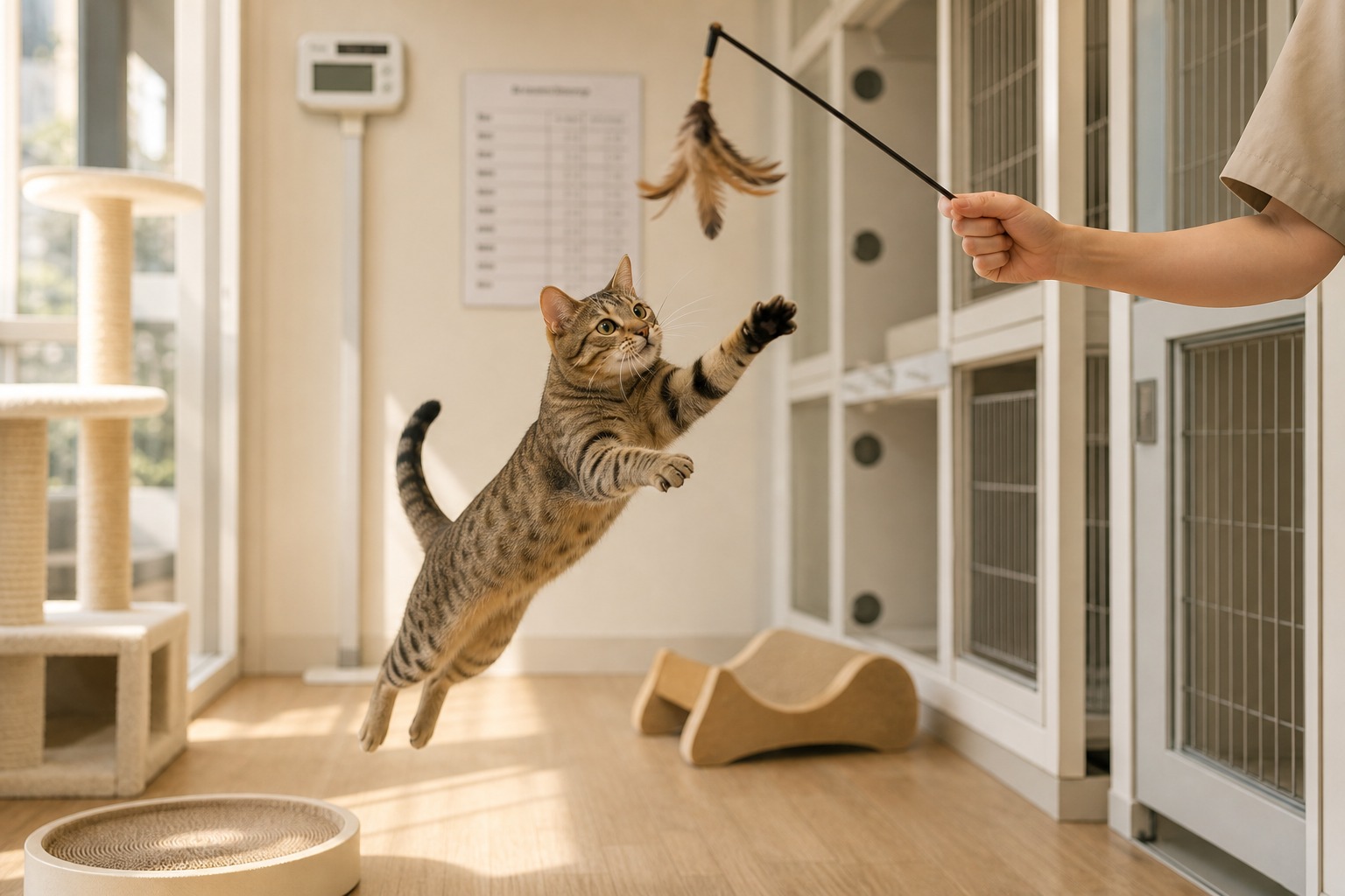 キャッテリーで猫じゃらしに跳びつく猫と背景の体重計。1日15〜20分の遊びと体重管理で肥満を予防