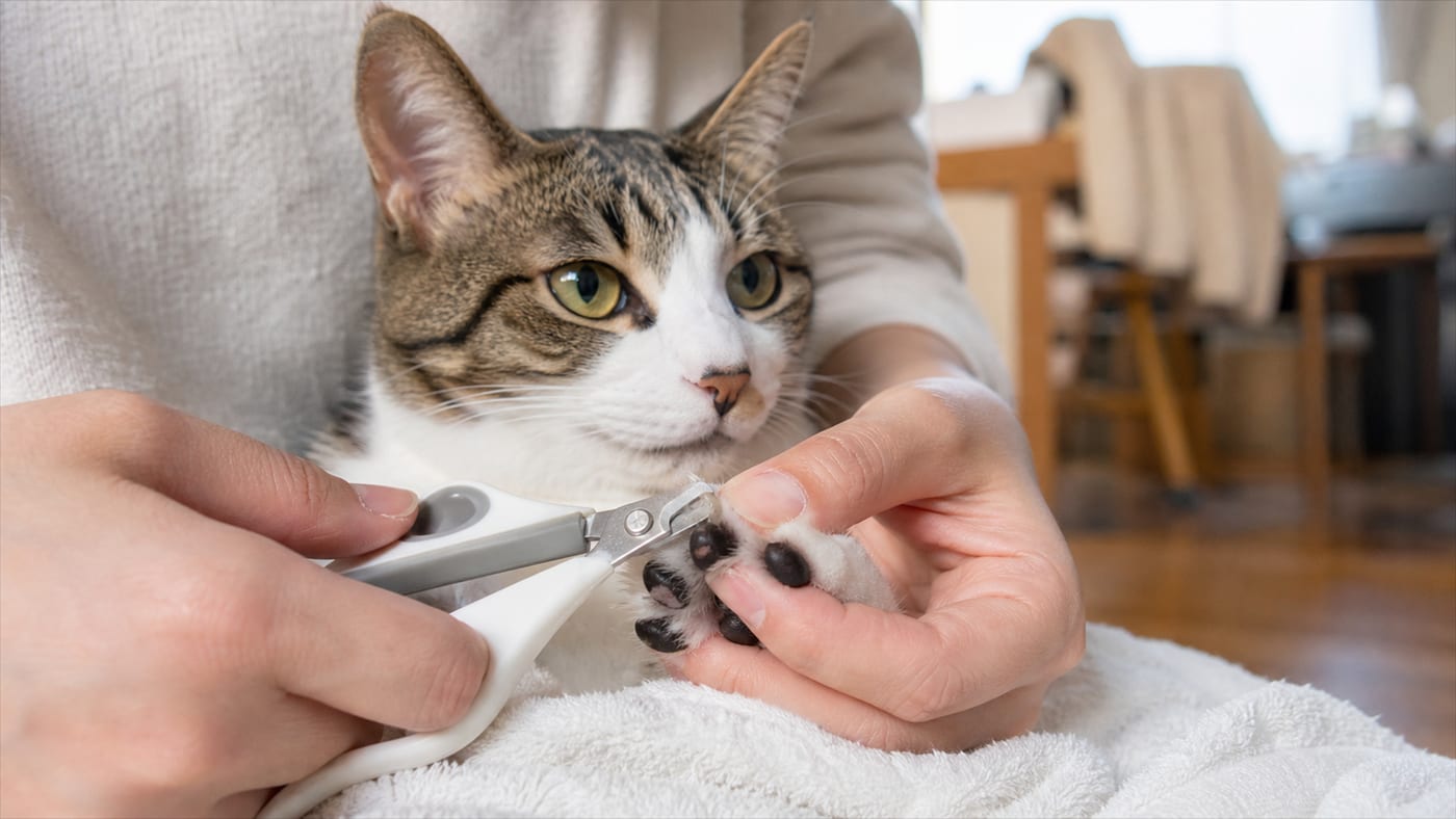 膝の上の猫を軽く支えながら、前足の爪に爪切りの刃を当てているところ
