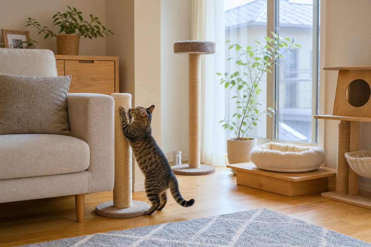 子猫に爪とぎを教える様子(手を添えてスクラッチャーに慣れさせる)