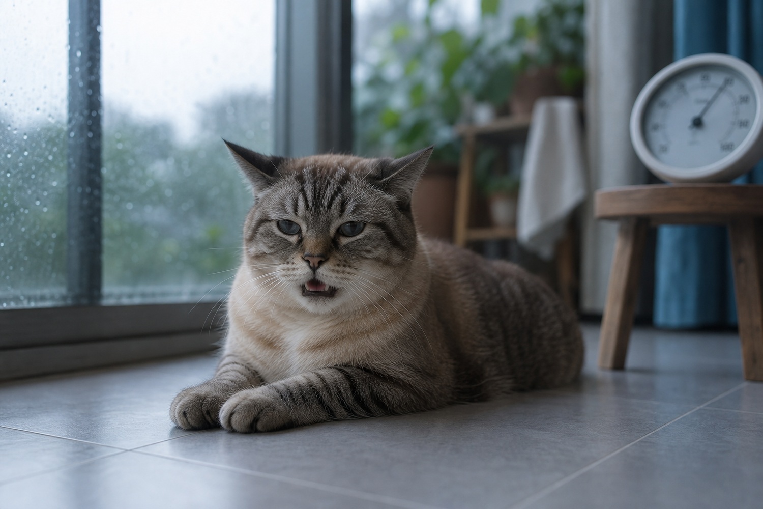 雨の窓辺で口を少し開けて熱を逃がす猫と温湿度計。高湿度で熱放散が妨げられ梅雨バテにつながる