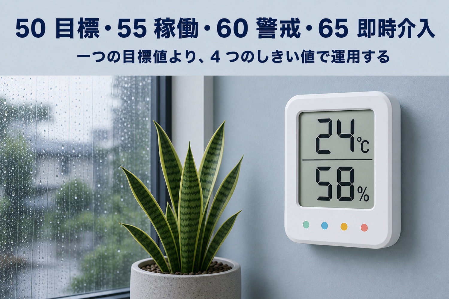 壁掛けの温湿度計と4色のしきい値ドット。50目標・55稼働・60警戒・65即時介入、一つの目標値より4つのしきい値で運用する