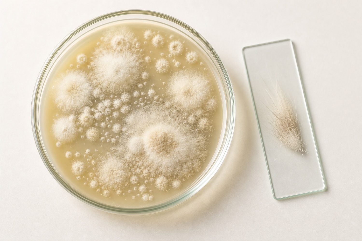 シャーレの真菌コロニーと被毛のサンプル。梅雨に最警戒すべき皮膚糸状菌症(Microsporum canis)の検査