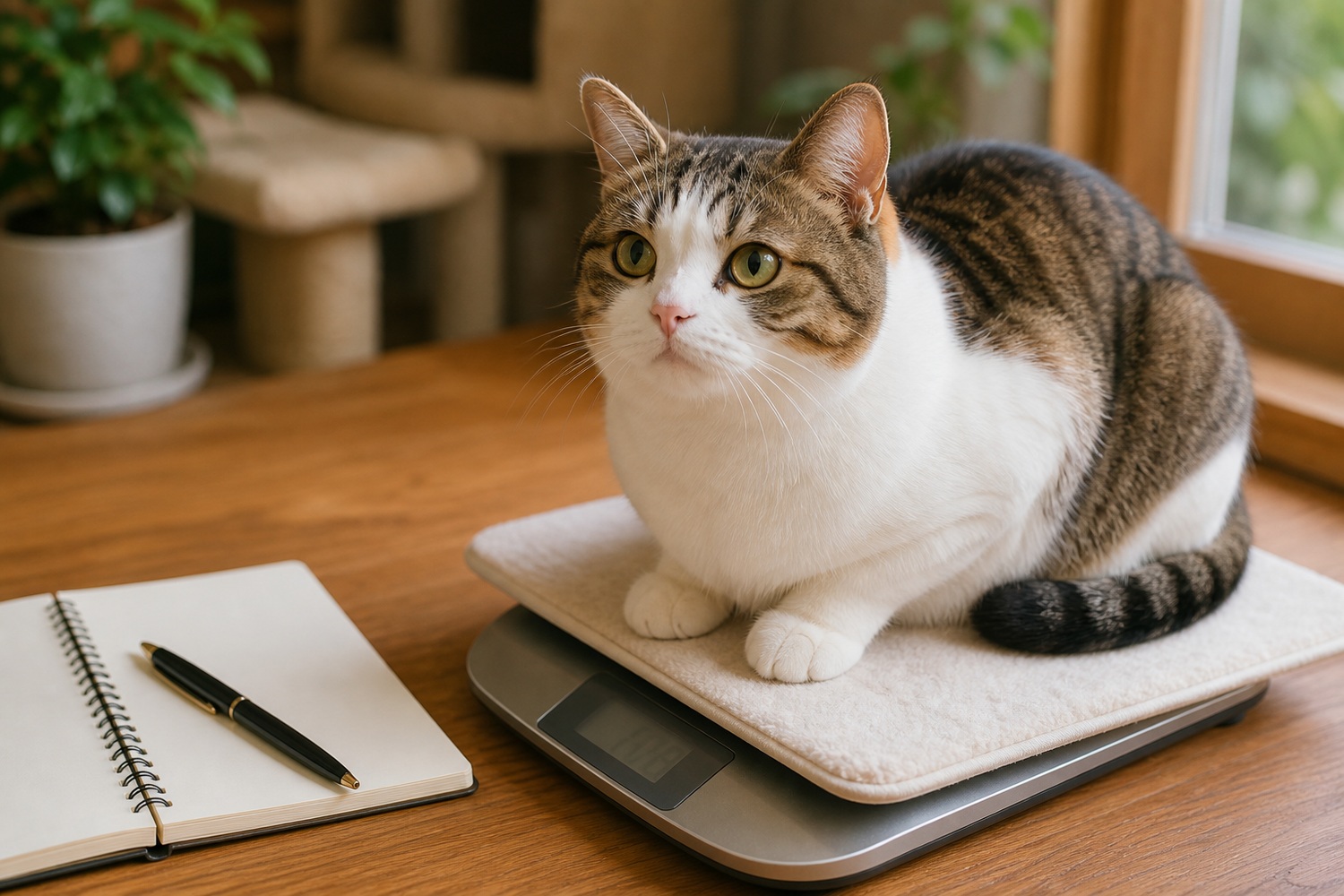 キッチンスケールに乗って体重を量られる猫と記録ノート。週2回の体重測定が早期発見の土台