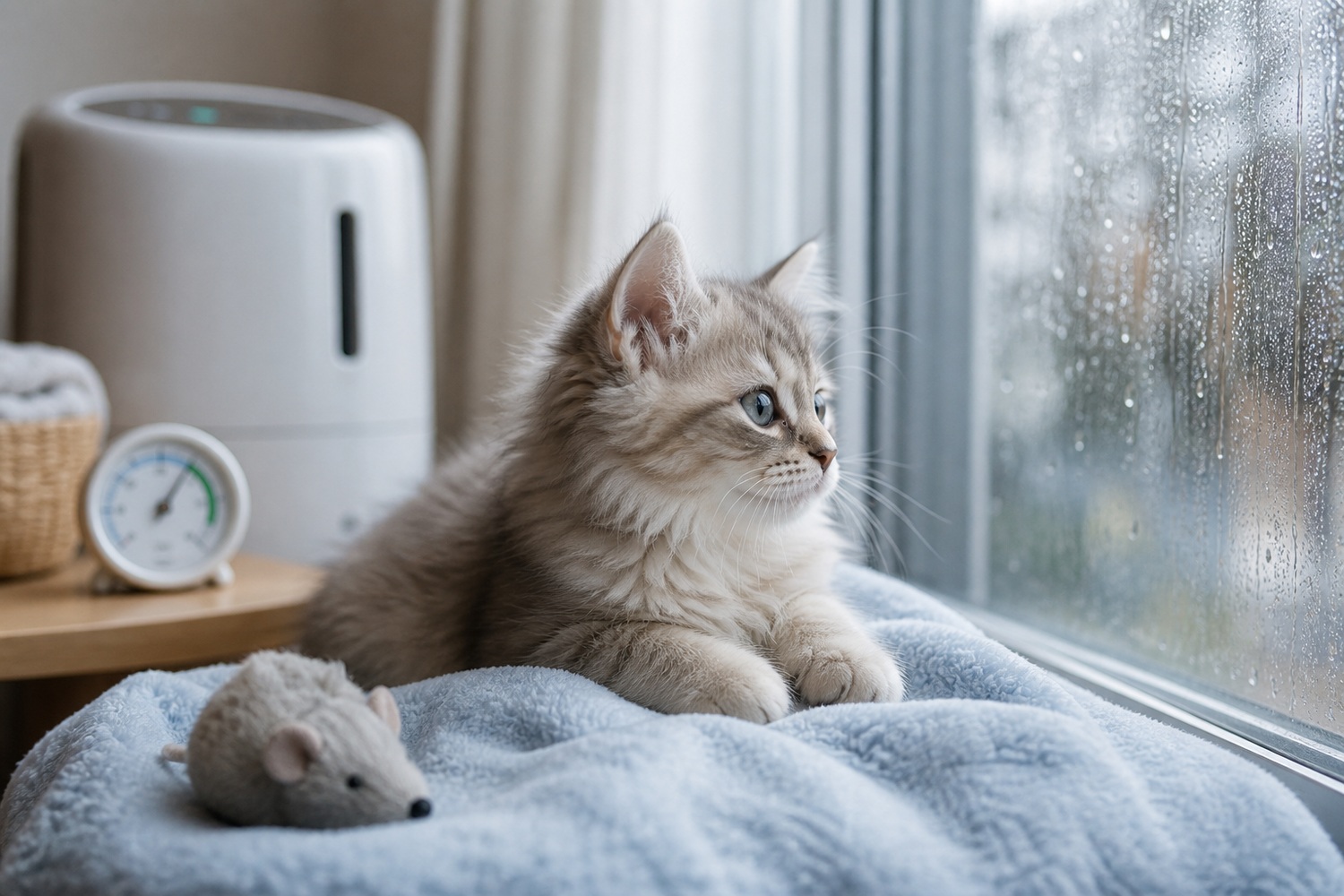 雨の窓辺で過ごす子猫と除湿器・温湿度計。社会化期と初めての梅雨が重なる時期は観察を強化する