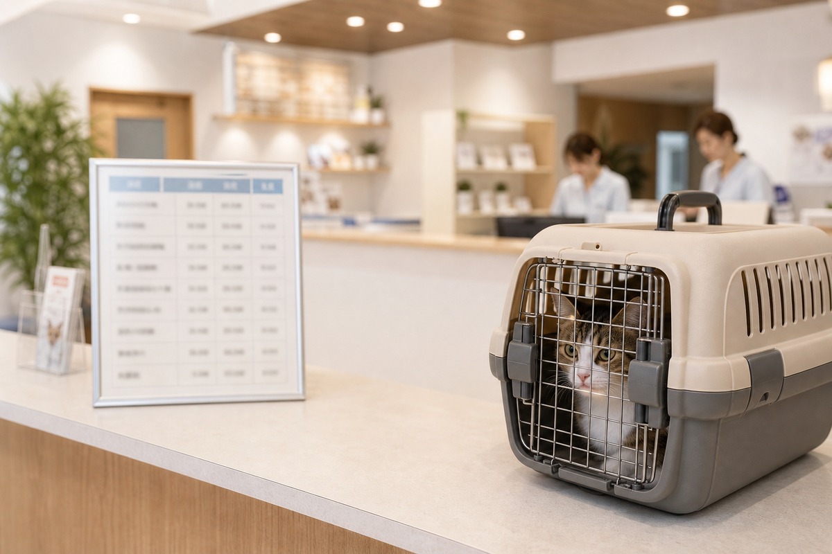 動物病院の受付と料金表のイメージ