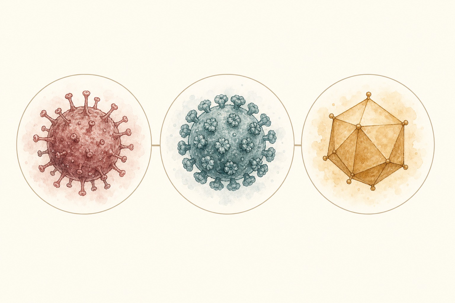 汎白血球減少症・鼻気管炎・カリシの3つのウイルス粒子を表した科学イラスト。3種混合が予防する3疾患