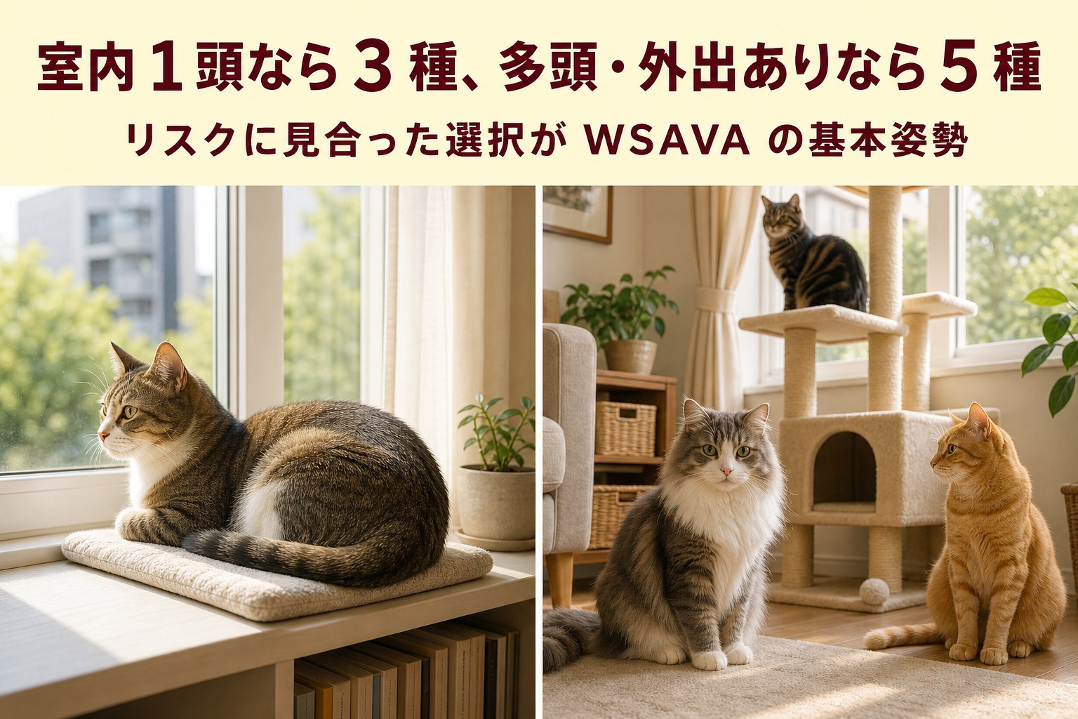 窓辺の単頭飼いと多頭飼いを並べた比較。室内1頭なら3種、多頭・外出ありなら5種、リスクに見合った選択がWSAVAの基本姿勢
