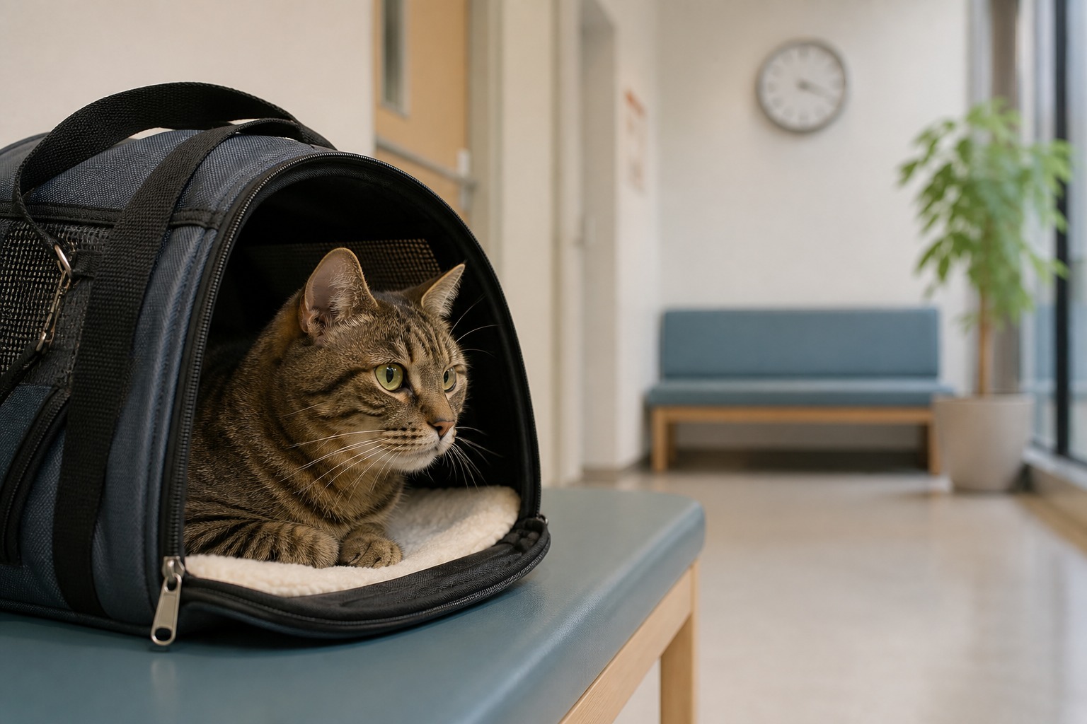 動物病院の待合でキャリーの中から外を見る猫と壁の時計。接種後30分は院内で待機して様子を見る