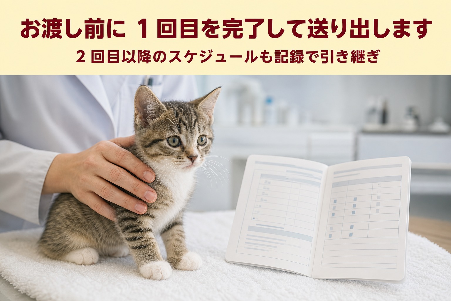 健康診断を受ける子猫と接種記録の手帳。お渡し前に1回目を完了して送り出します、2回目以降も記録で引き継ぎ