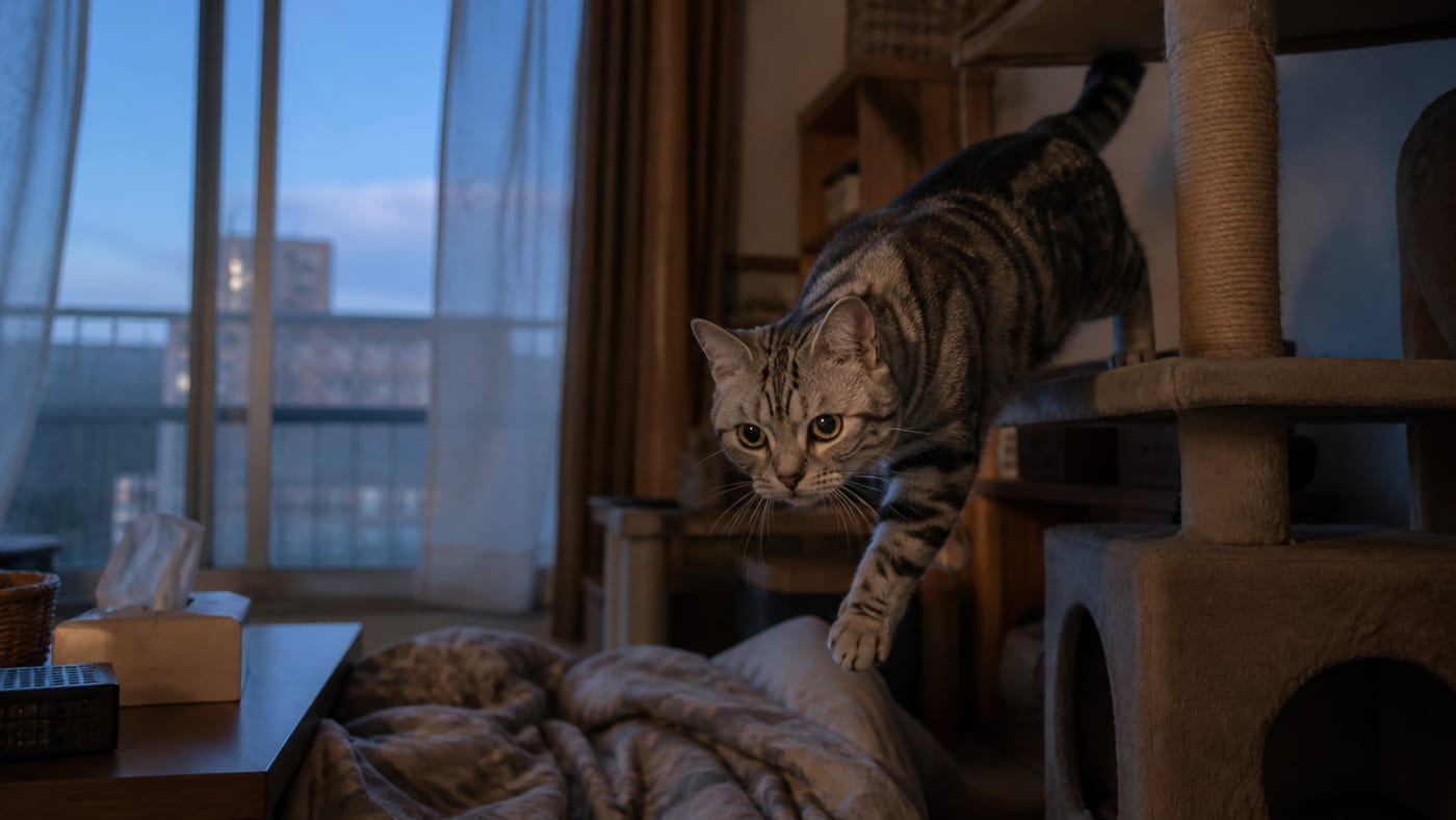 夕暮れの薄明かりの部屋で、キャットタワーから降りて活動を始めた猫