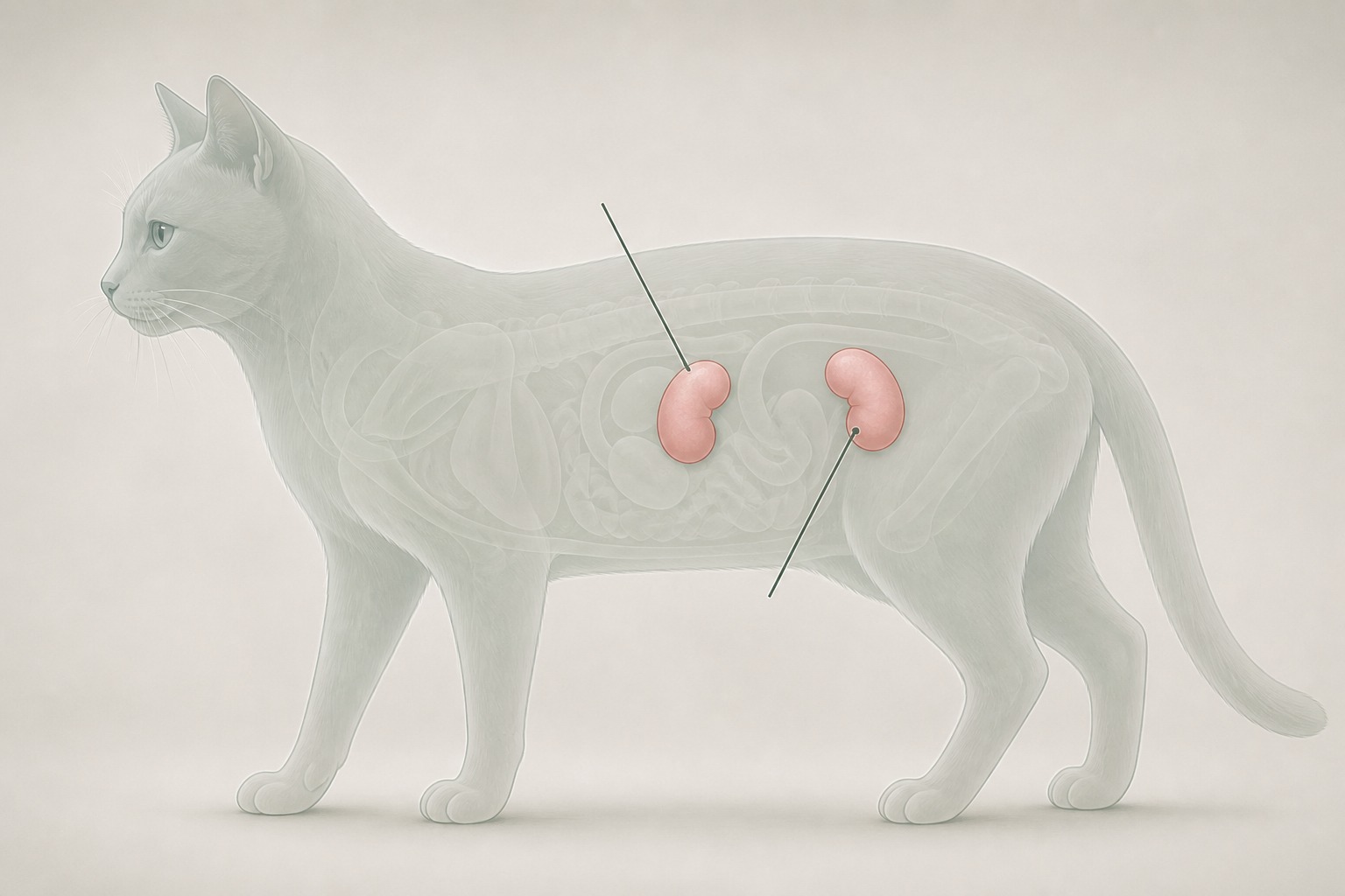 猫の体内の腎臓の位置を示した解剖イラスト。慢性腎臓病は高齢猫の死因上位で体重減少につながる