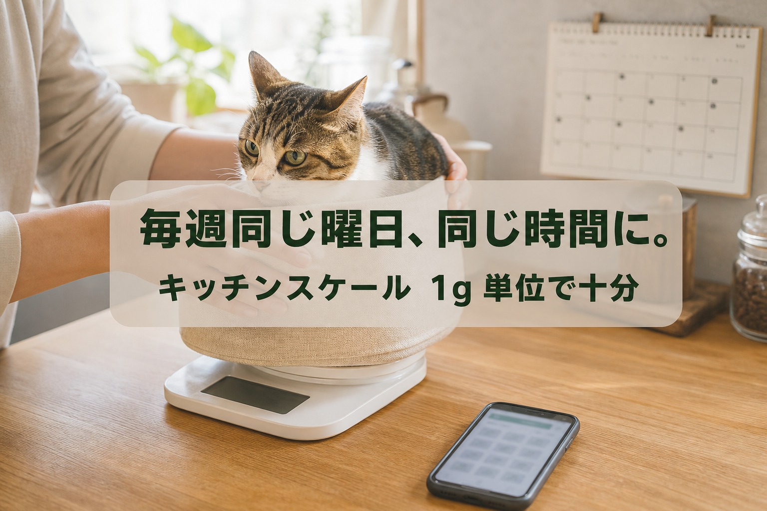 カゴごとキッチンスケールに乗せて猫の体重を量る飼い主。毎週同じ曜日・同じ時間に、1g単位で十分