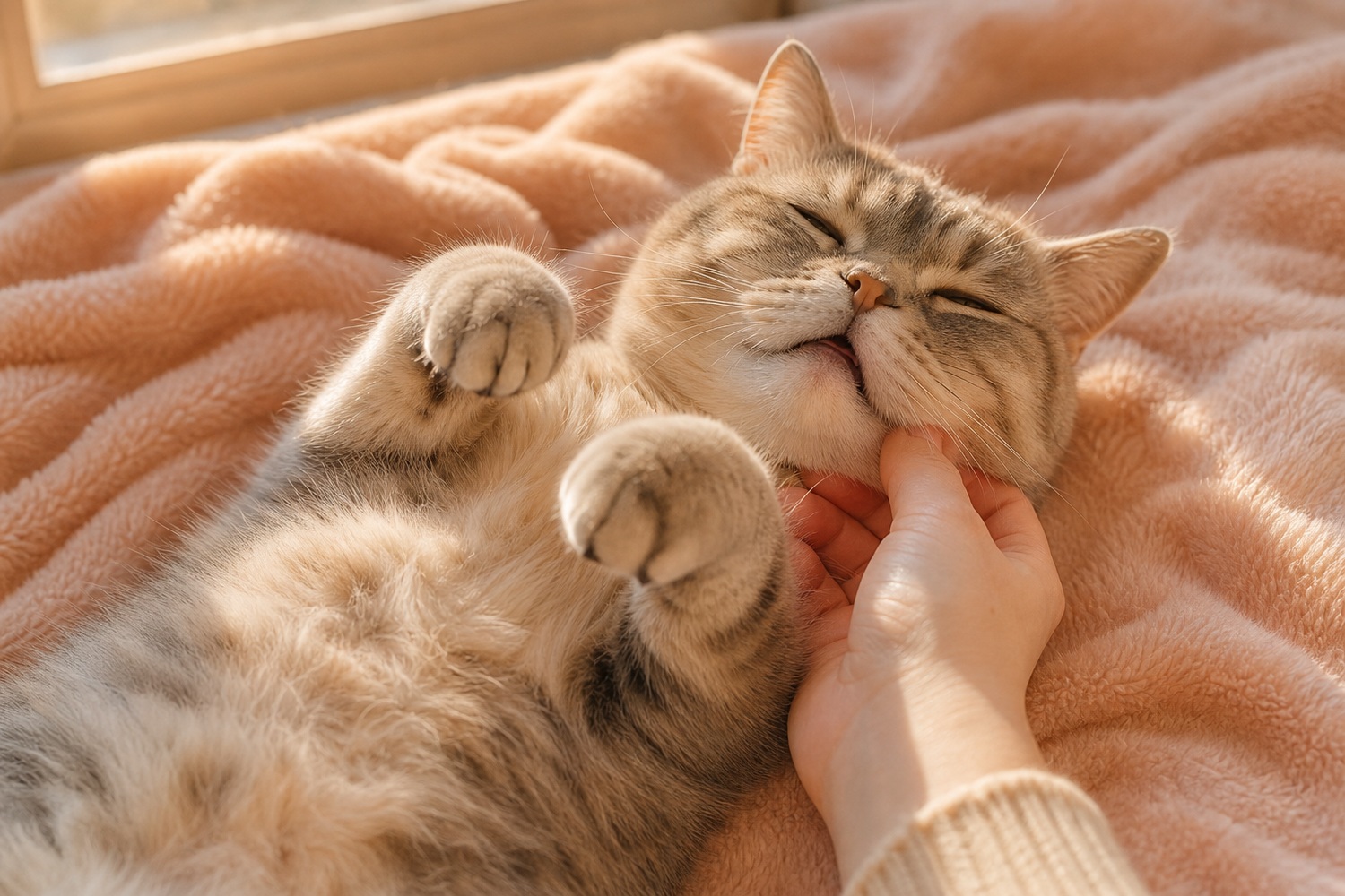 あお向けで顎を撫でられ、うっとりとくつろぐ猫。リラックス時の生理的なよだれは問題ない
