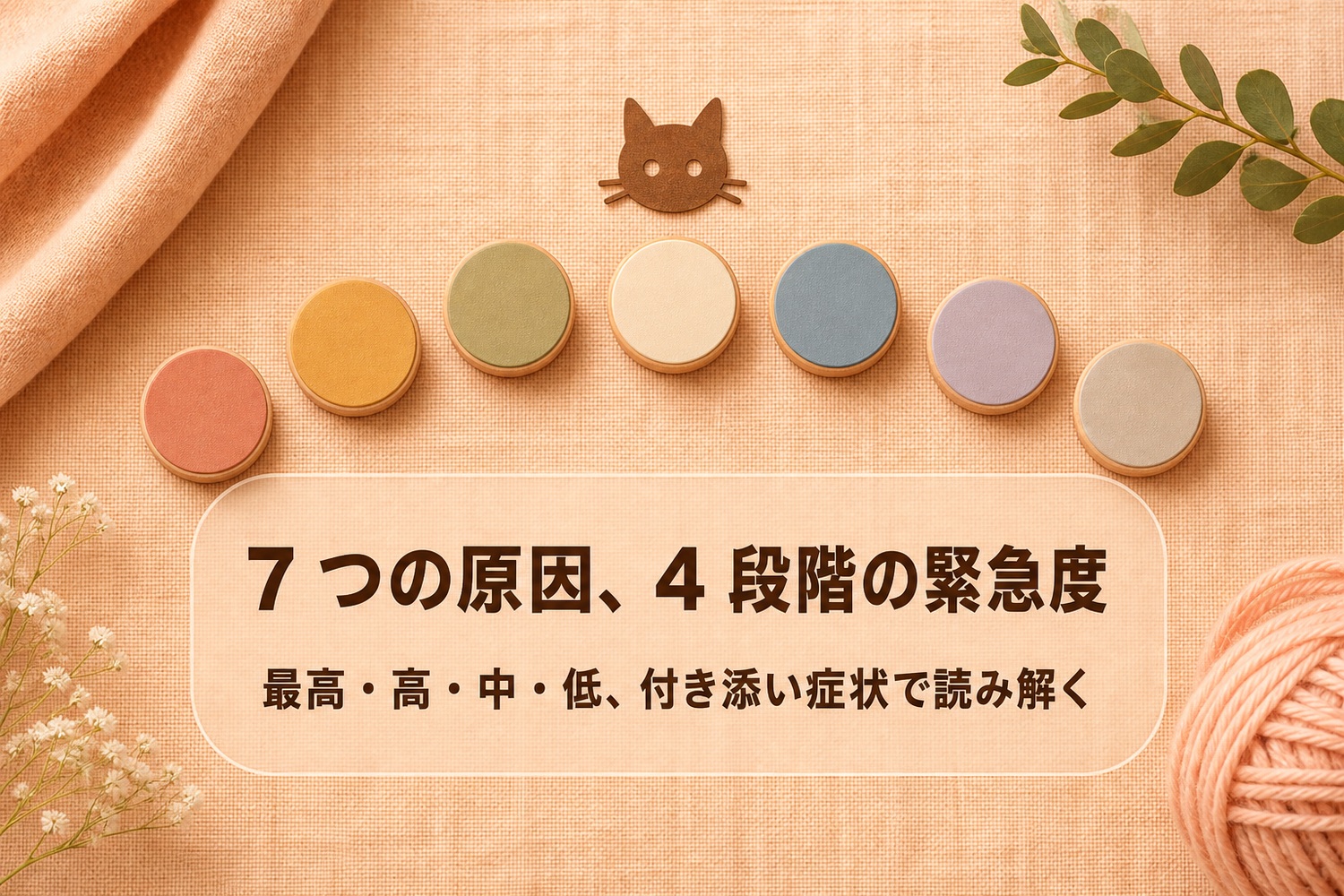 7色のトークンと猫のアイコンを並べたフラットレイ。7つの原因、4段階の緊急度、最高・高・中・低を付き添い症状で読み解く