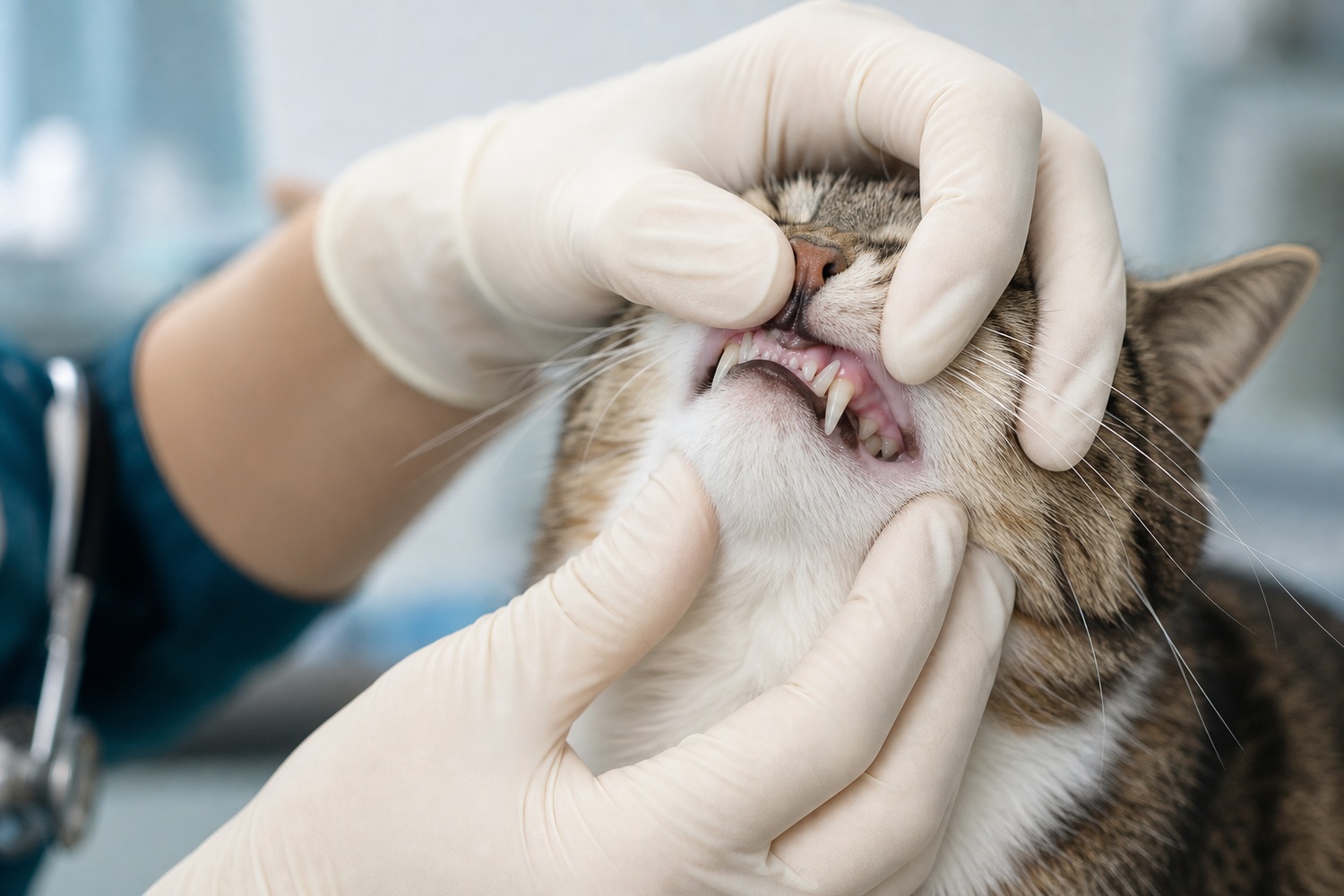 獣医師がやさしく猫の口元を確認する様子。歯茎は健康なピンク色、口腔チェックでよだれの原因を探る