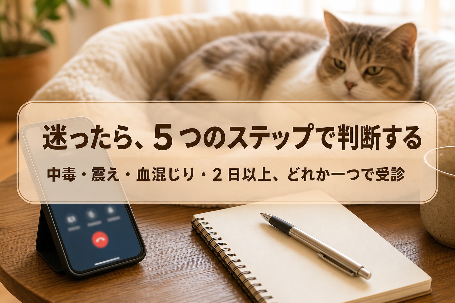 電話とノートのそばで休む猫。迷ったら5つのステップで判断する、中毒・震え・血混じり・2日以上のどれか一つで受診