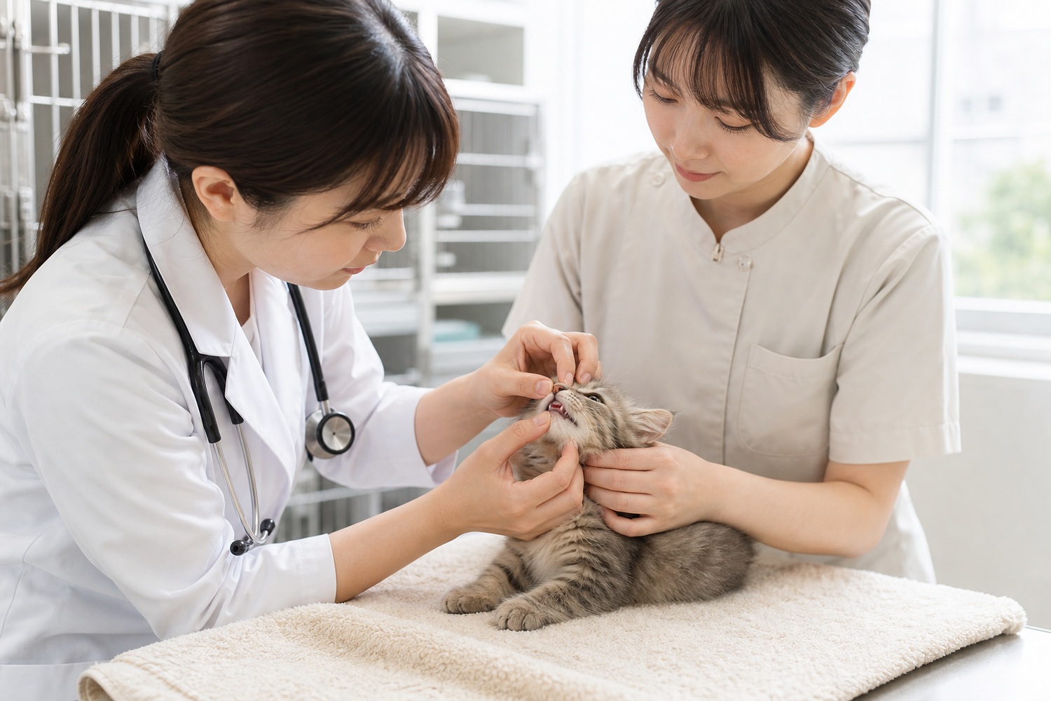 獣医師とスタッフが子猫の口腔チェックを行う様子。お渡し前にすべての子猫の口の中を確認する