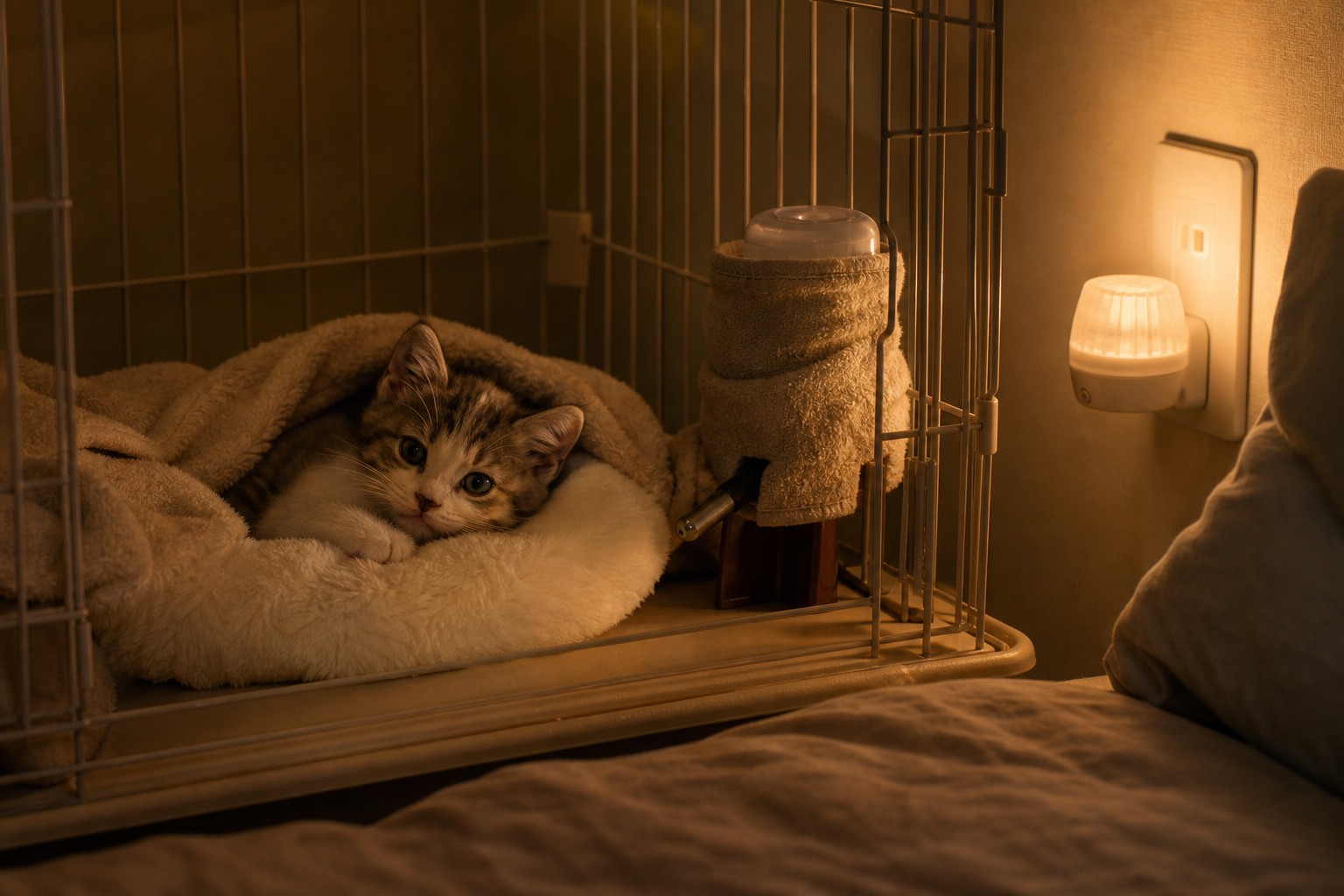 毛布と湯たんぽに包まれて眠る子猫の温かい夜のシーン