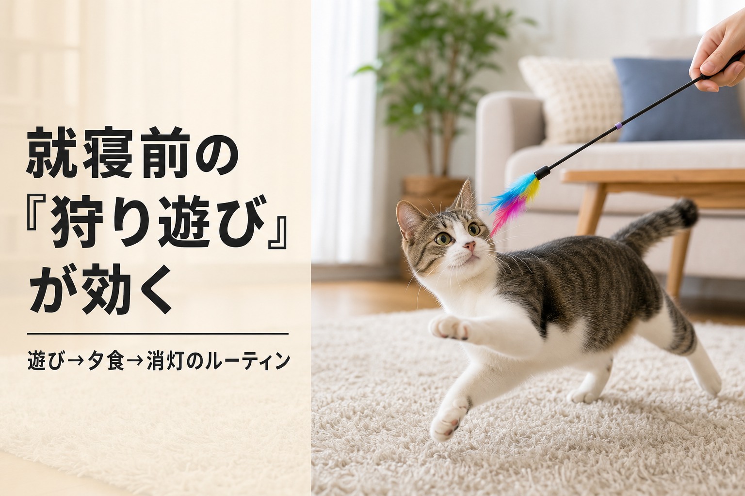猫じゃらしで遊ぶ成猫と就寝前ルーティンのバナー