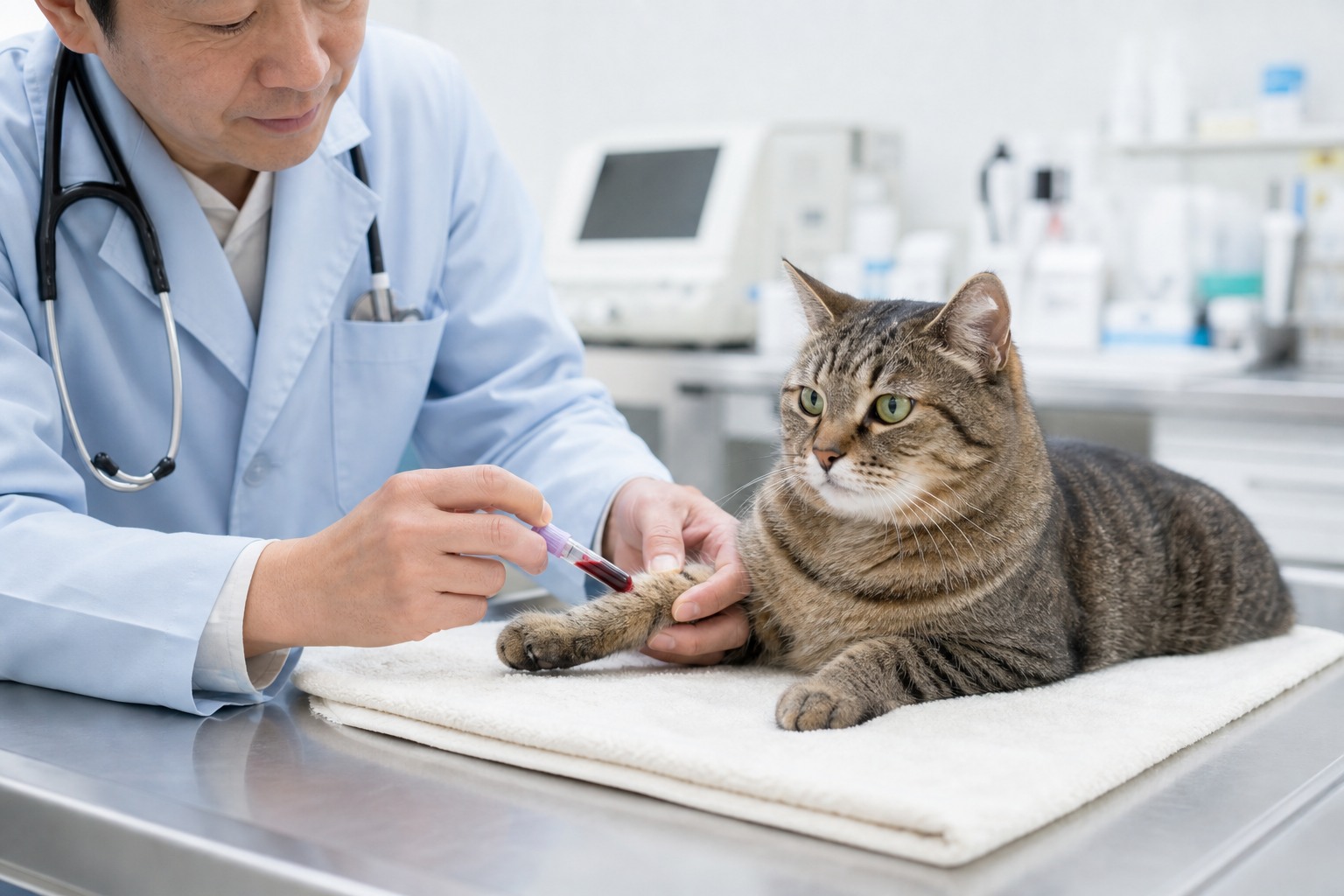 中高齢猫の血液検査を行う獣医師の診察シーン