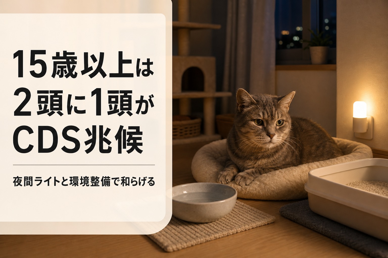 夜間ライトを灯した高齢猫の安心環境バナー