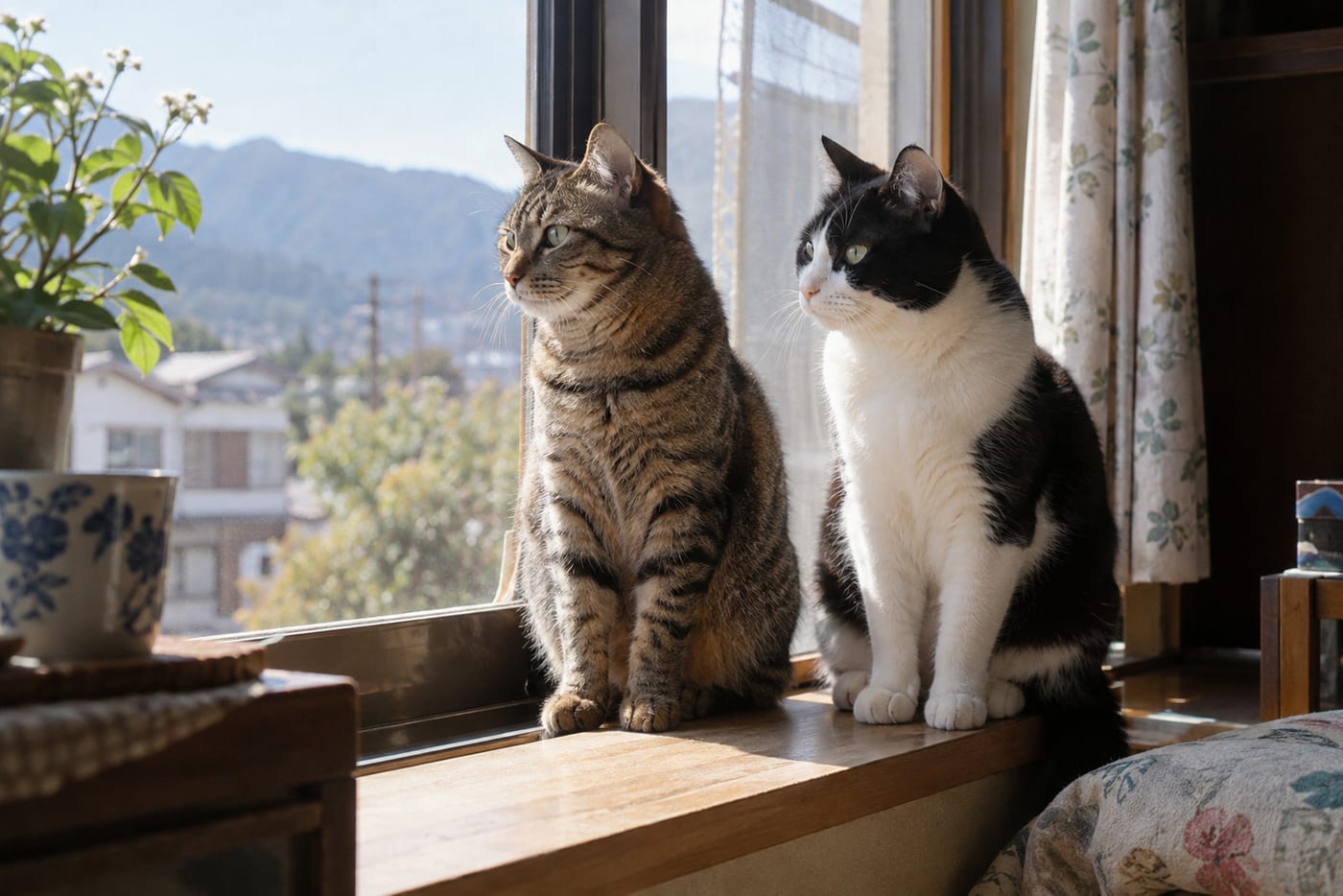 窓辺の日だまりに並んで座る、キジトラと黒白の短毛の猫
