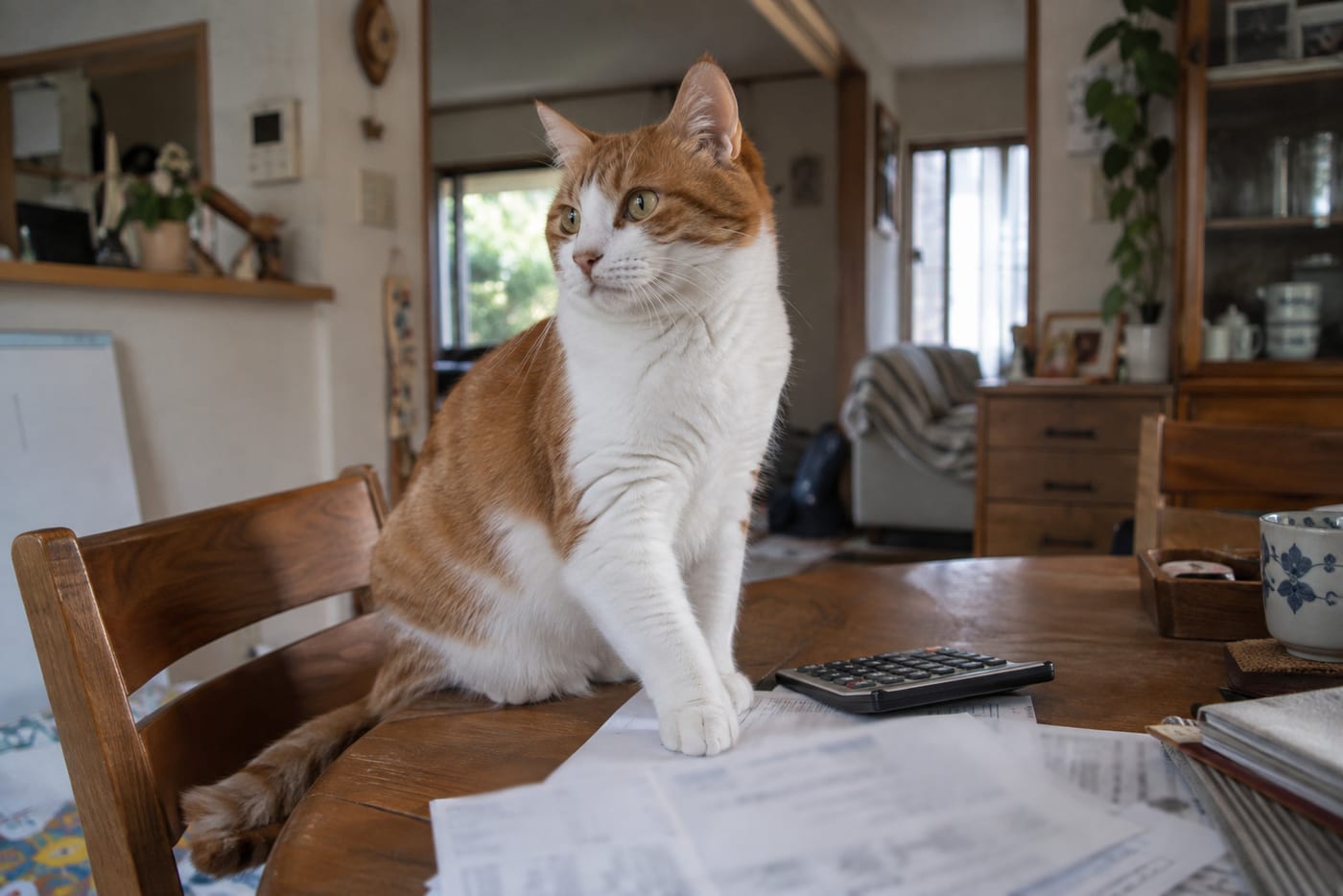 ダイニングテーブルに広げた書類と電卓のそばで、書類に前足をのせて座る茶白の猫
