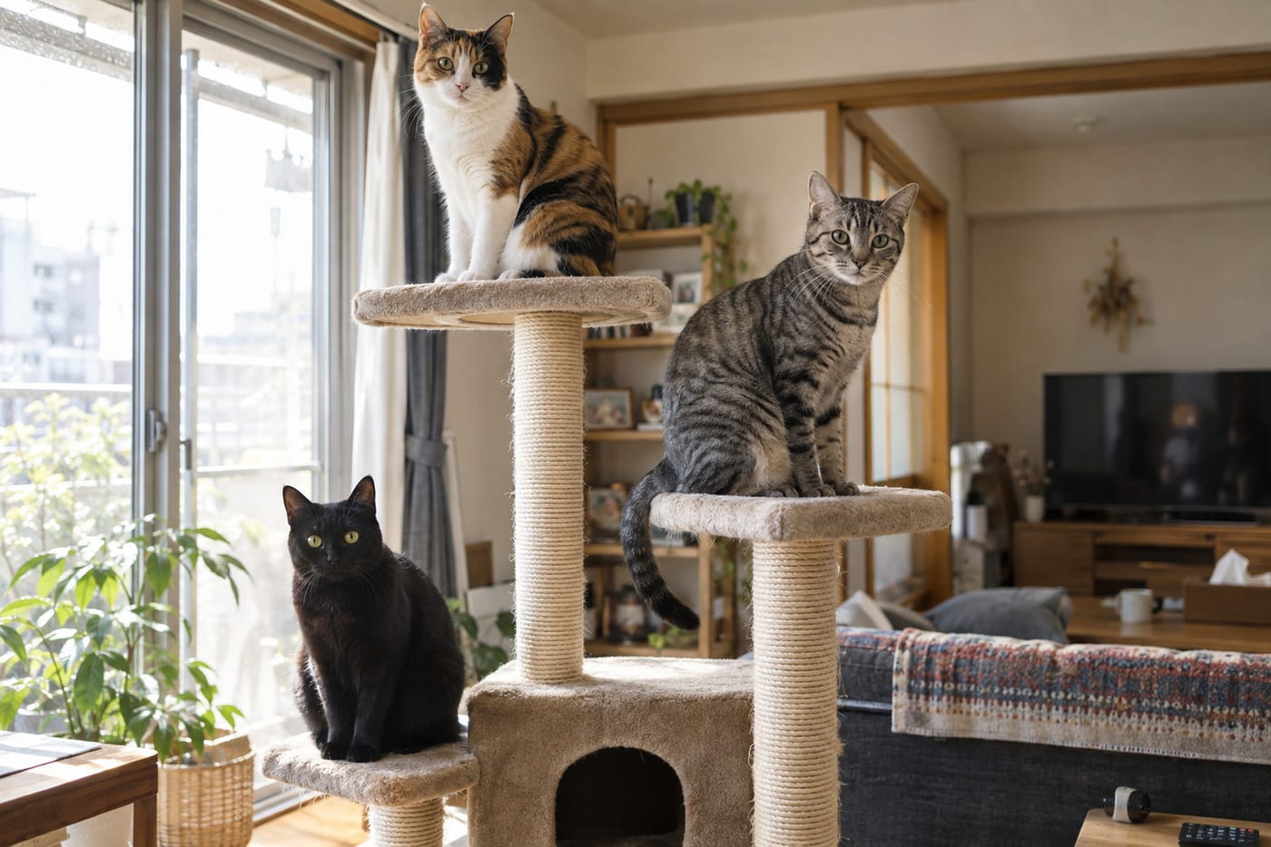 キャットタワーの段ごとに座る、三毛・サバトラ・黒の3匹の猫