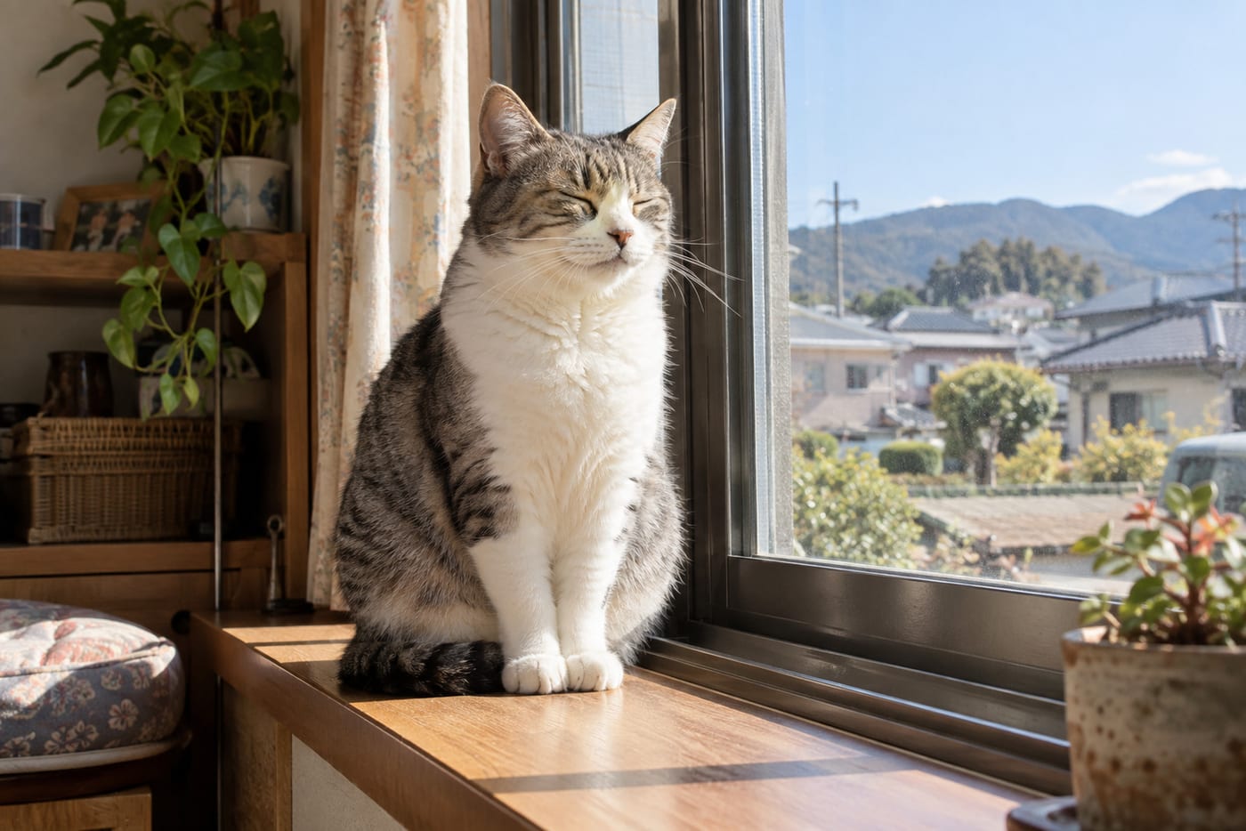 日当たりのよい窓辺で、前足をそろえて目を閉じているサバ白の猫