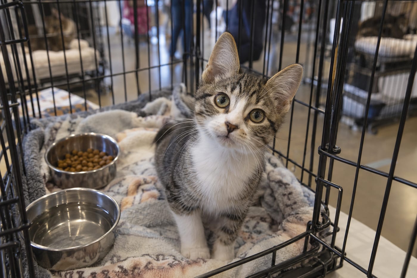 保護猫の譲渡会場のケージの中から、こちらを見上げる、縞模様に白の入った子猫