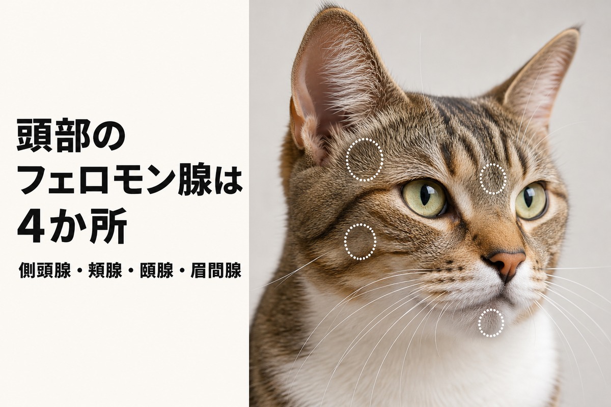 猫の頭部4腺の位置を示すクローズアップ