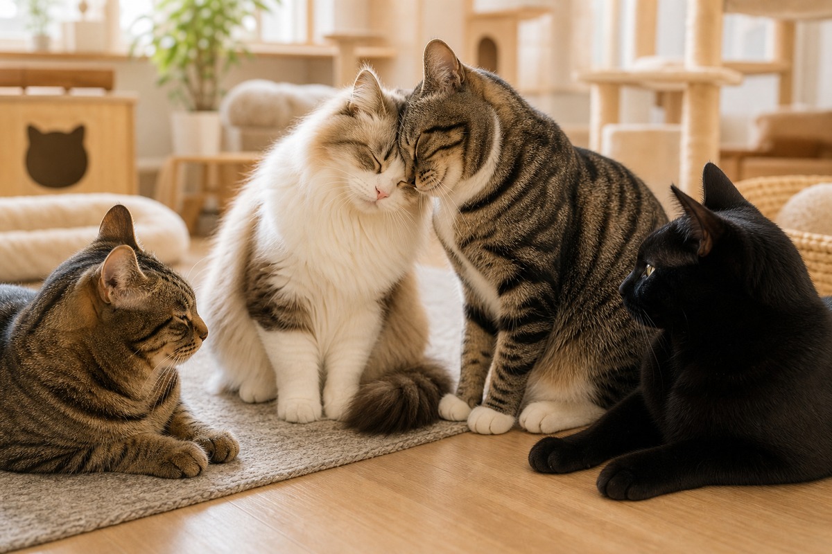 多頭環境で頭をすり合わせる猫たちの様子
