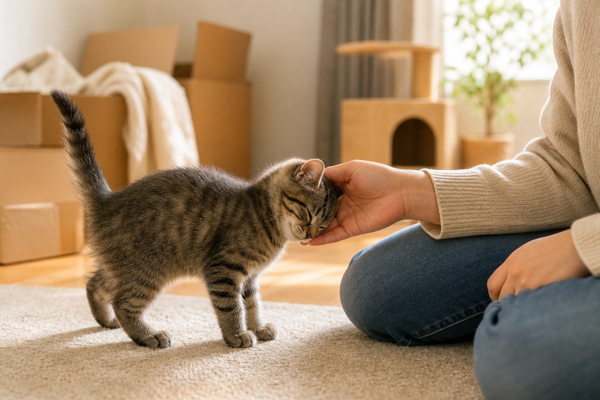 お迎え後に初めて頭突きをする子猫の瞬間