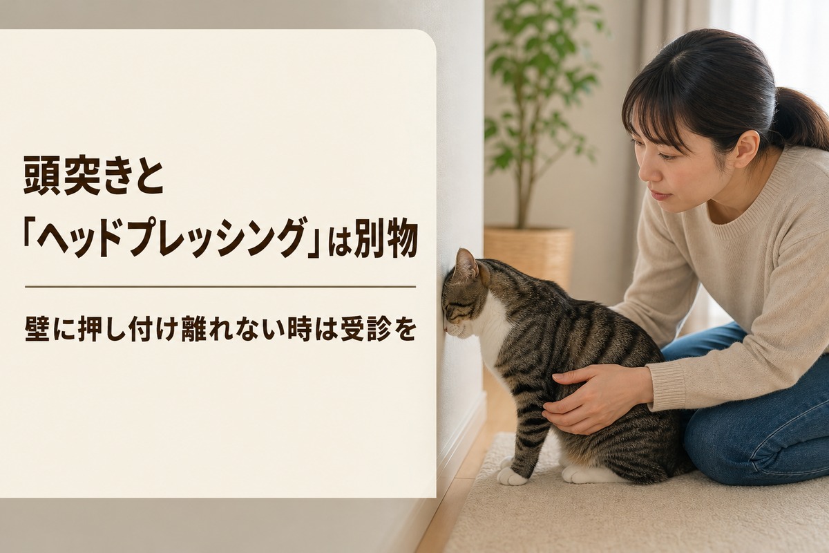 ヘッドプレッシングを観察する飼い主と猫の健康チェック