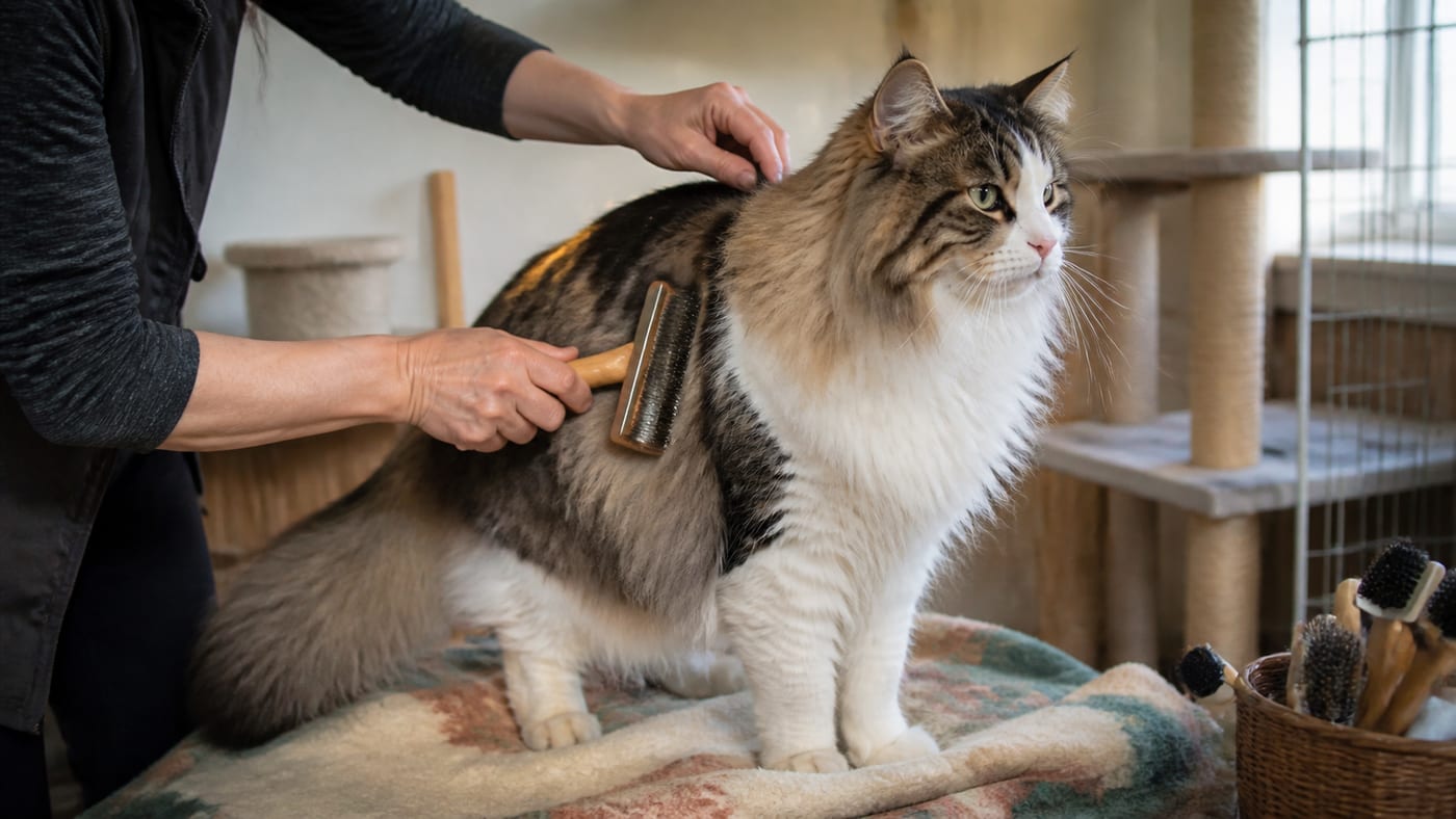猫舎でノルウェージャンフォレストキャットの被毛をスリッカーブラシで梳かしている手元