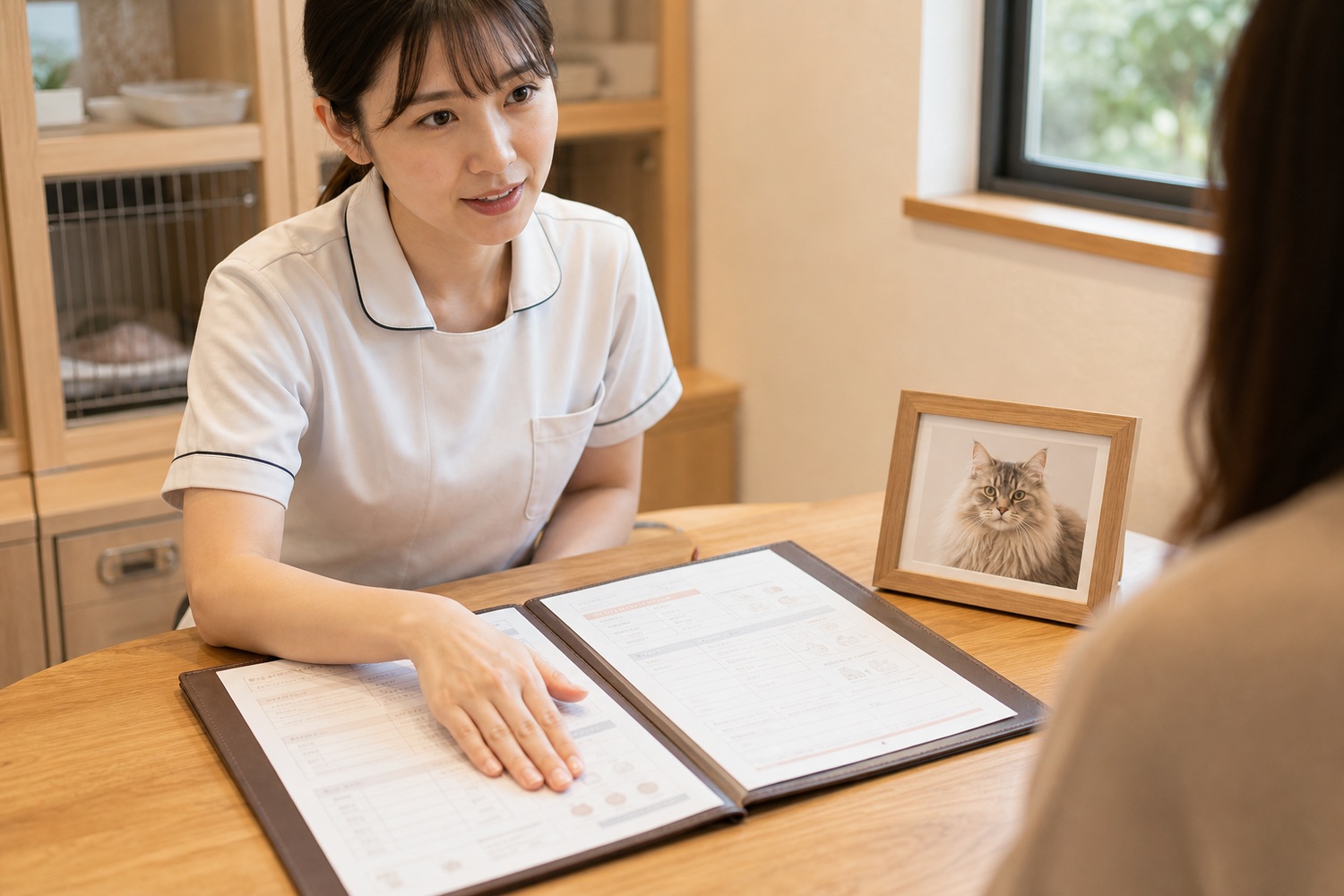 健康記録を開いて飼い主に説明するキャッテリースタッフと猫の写真。すべての子猫が健康記録とともに巣立つ