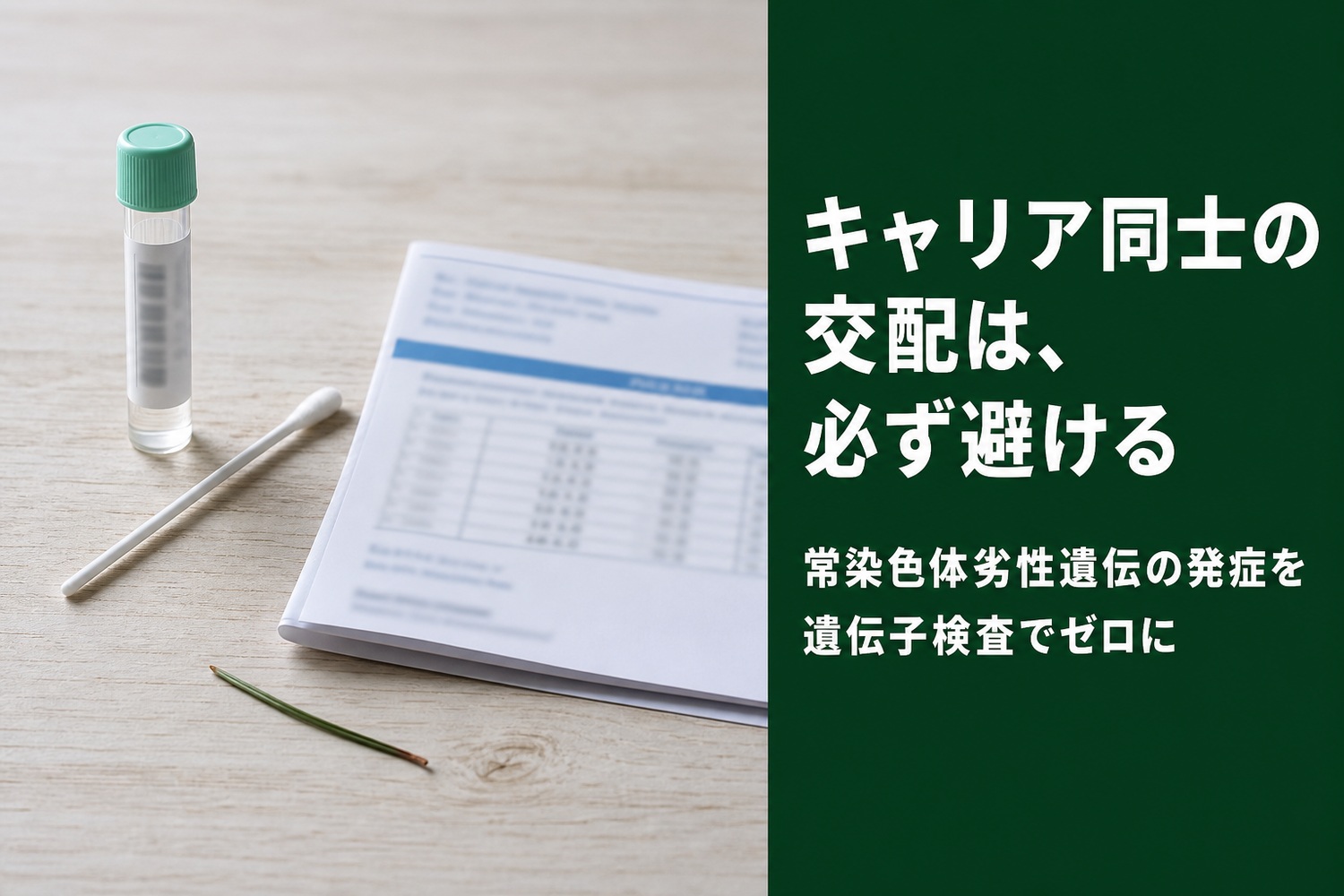 遺伝子検査の検体チューブと綿棒。キャリア同士の交配は必ず避け、常染色体劣性遺伝の発症を遺伝子検査でゼロにする