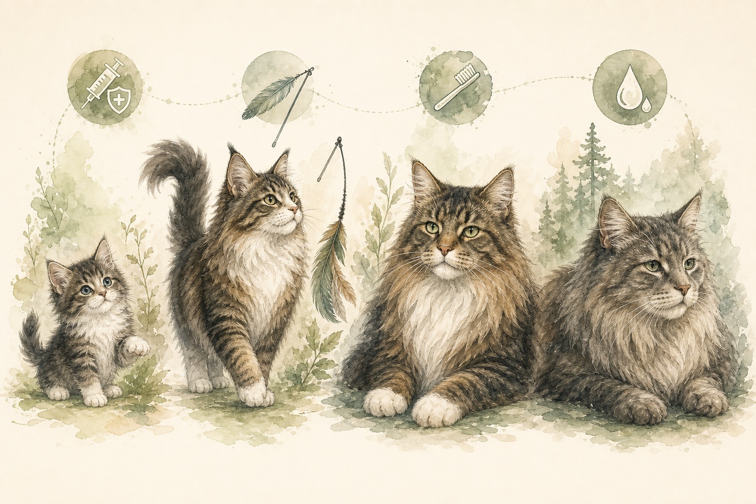 子猫・成猫・中年・シニアの4ステージを描いた水彩イラスト。各年齢でワクチン・遊び・歯磨き・水分補給とケアの重点が変わる