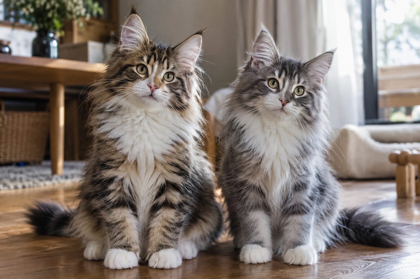 同じ月齢の、ブラウンタビー＆ホワイトとブルータビー＆ホワイトのノルウェージャンフォレストキャットの子猫2頭。並んで座り、左が茶色の縞、右が青みがかった灰色の縞