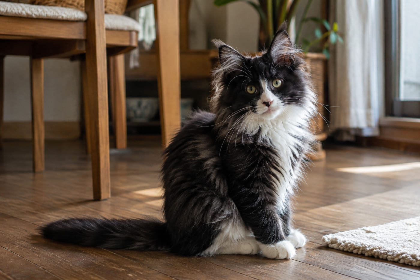 黒い体に、胸と足先が白いブラック＆ホワイトのノルウェージャンフォレストキャットの子猫