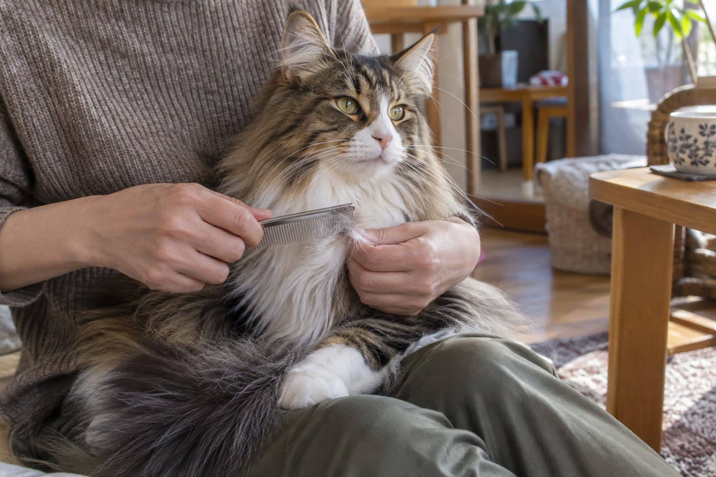 膝の上に座るノルウェージャンフォレストキャットの胸の長い毛を、ステンレスのコームでそっととかす手元