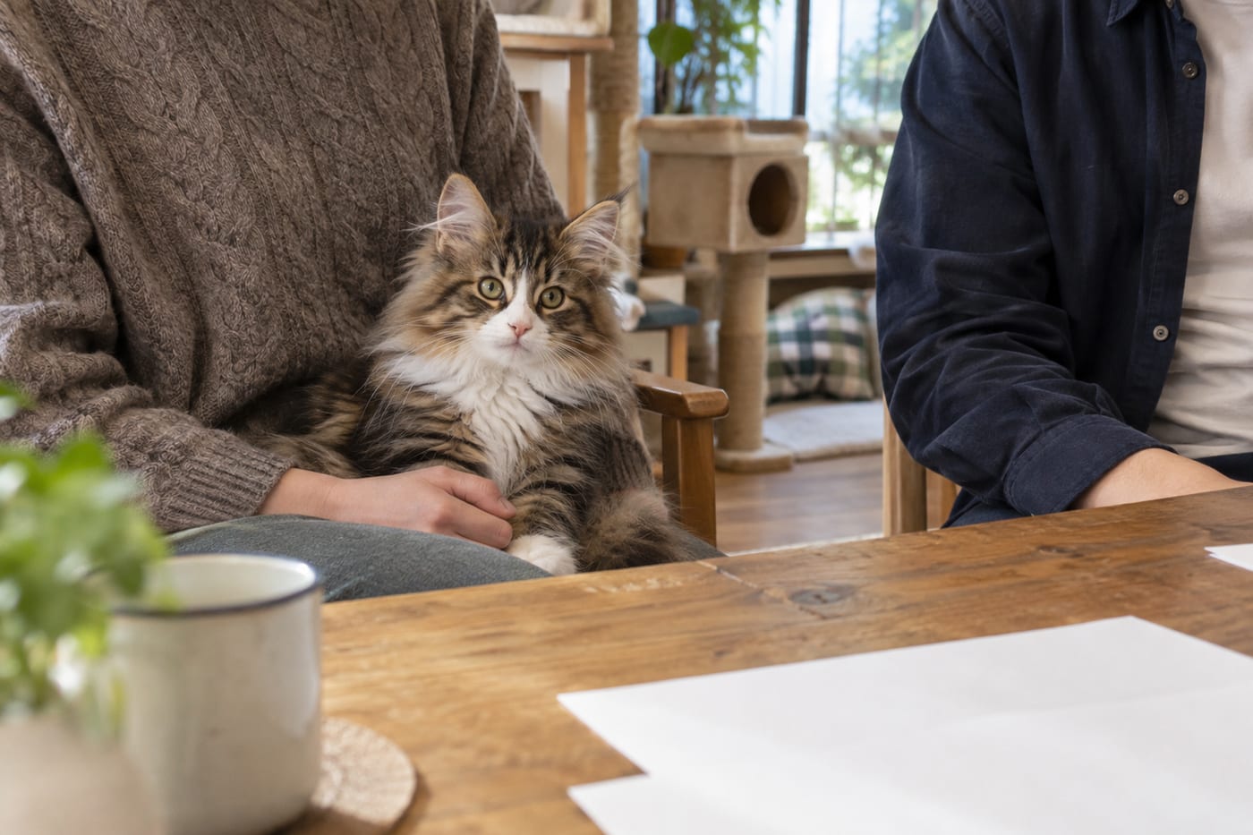 見学室のテーブルで、子猫を膝に乗せて説明を聞く夫婦。子猫はノルウェージャンフォレストキャット