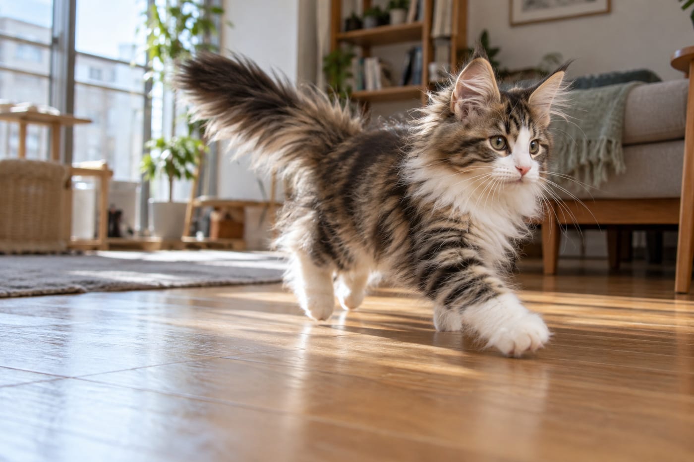 フローリングの上を、ふさふさの尾をなびかせて駆けていく、キジ白のノルウェージャンフォレストキャットの子猫