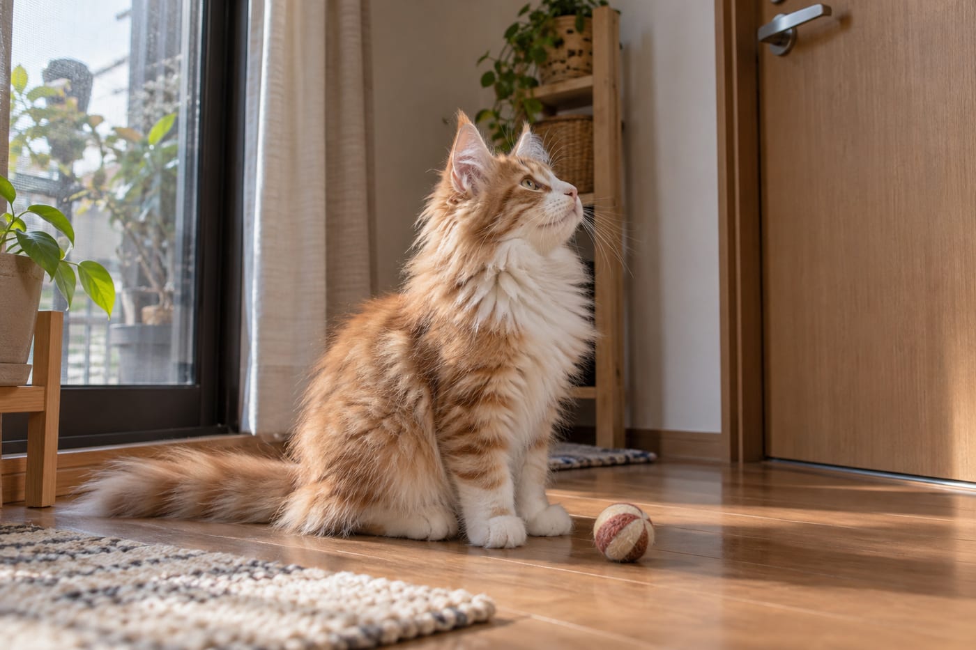 静かな部屋の窓辺で、おもちゃのボールのそばに座り、ドアのほうを見上げる、茶白のノルウェージャンフォレストキャットの子猫