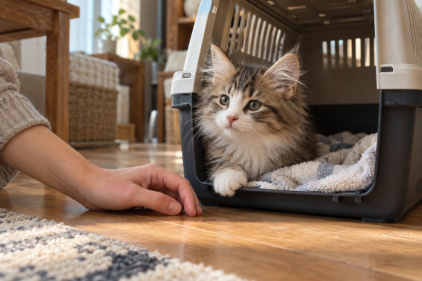 タオルを敷いたキャリーの縁から顔をのぞかせるノルウェージャンフォレストキャットの子猫と、そっと添えられた飼い主さんの手