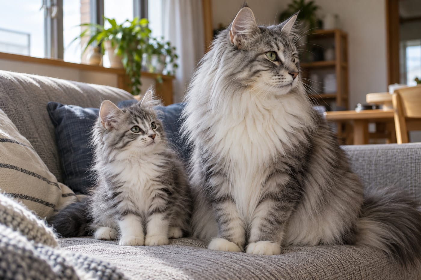 ソファの上で並んで座る、シルバーの縞と白のノルウェージャンフォレストキャットの子猫と成猫
