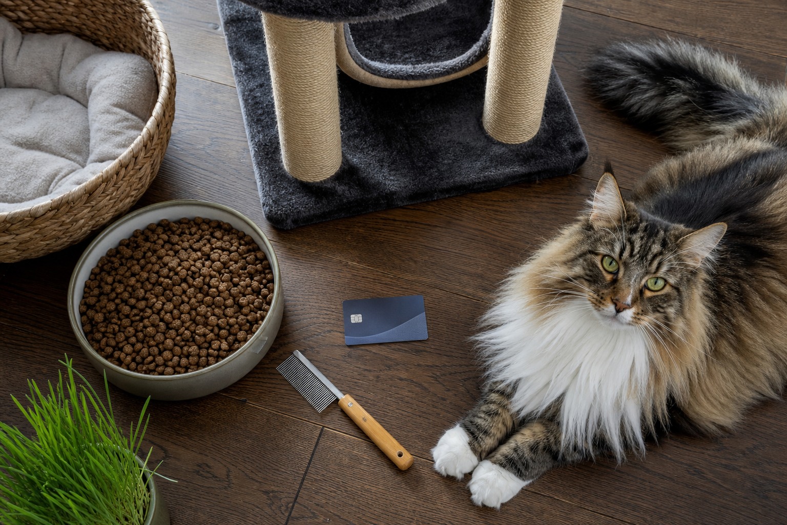 大型猫の飼育用品をまとめた俯瞰写真