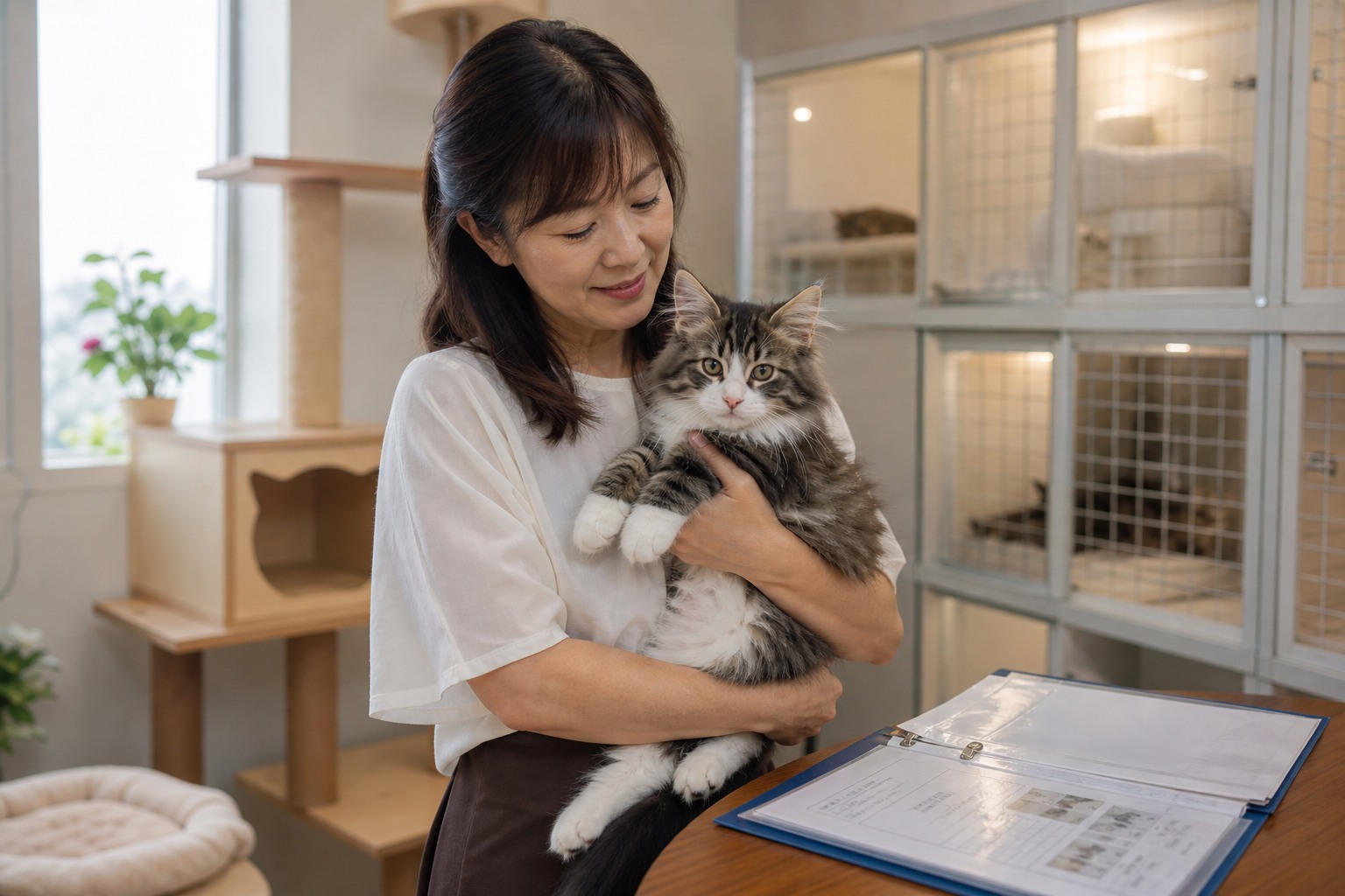 ブリーダーが子猫を抱く健康書類添えの場面